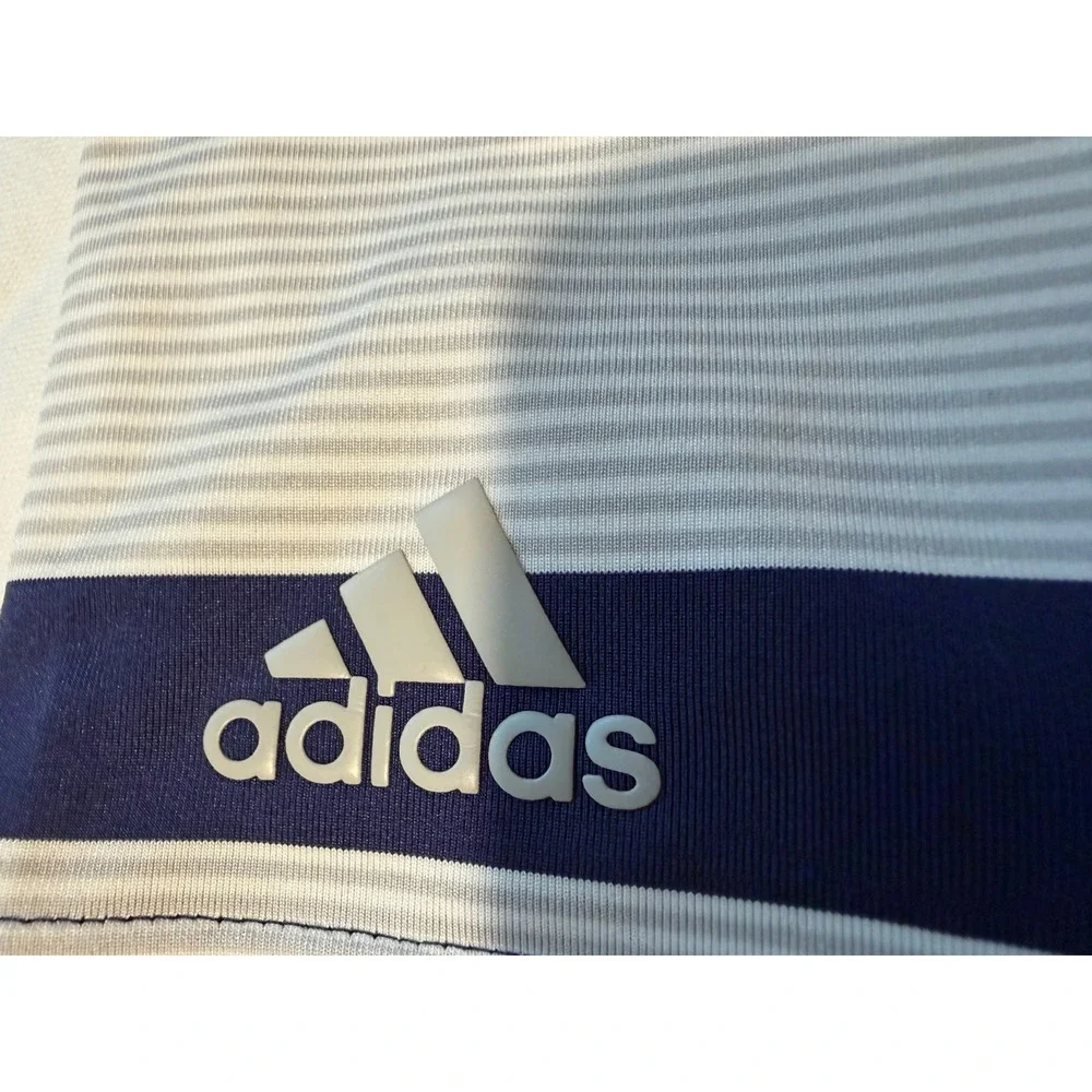 Adidas Golf Polo Shirt Mens XL Navy Blue White Striped Performance Short Sleeve
